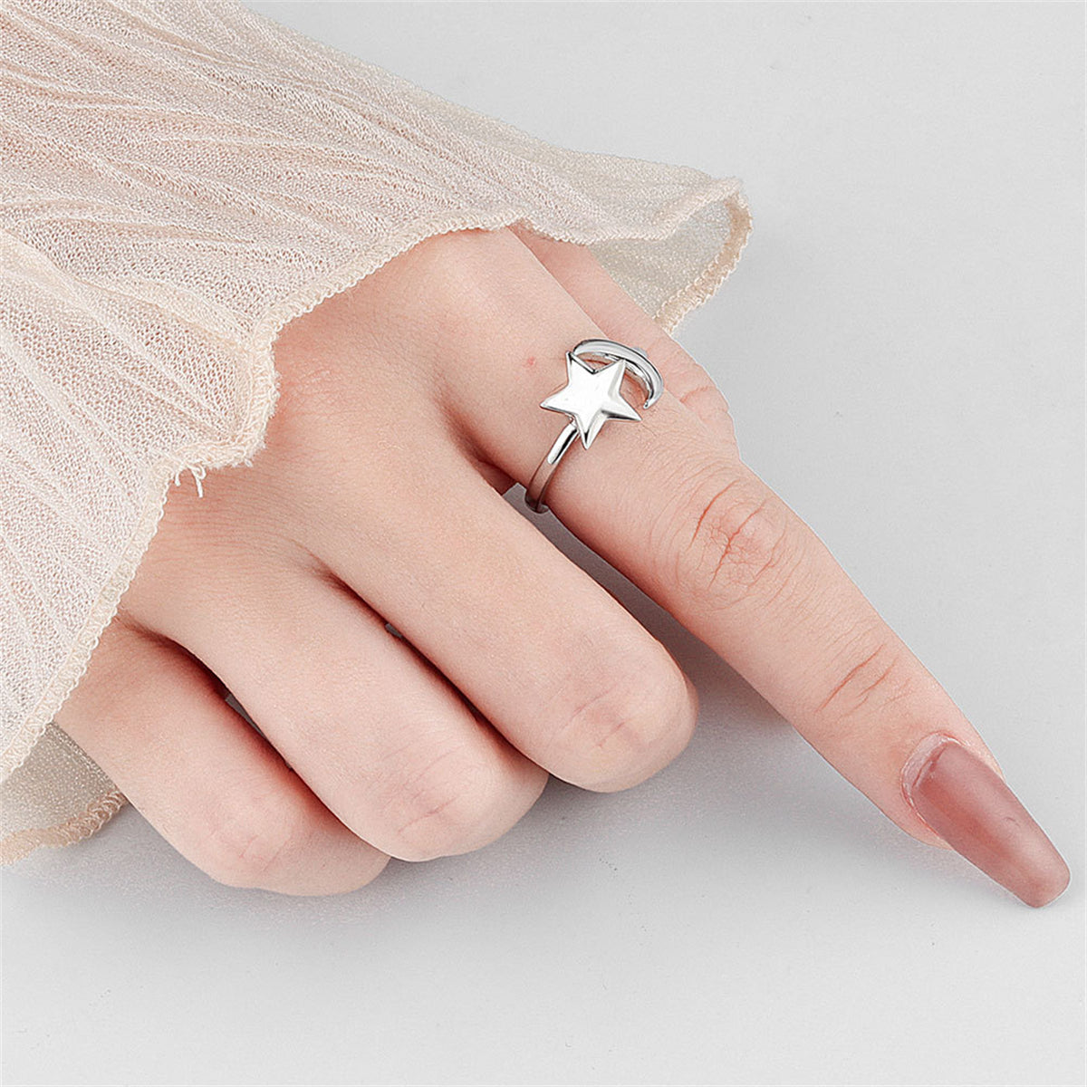 Silver-Plated Rotatable Star & Moon Open Ring