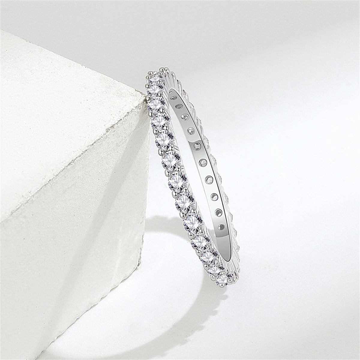 Cubic Zirconia & Silver-Plated Thin Band Ring