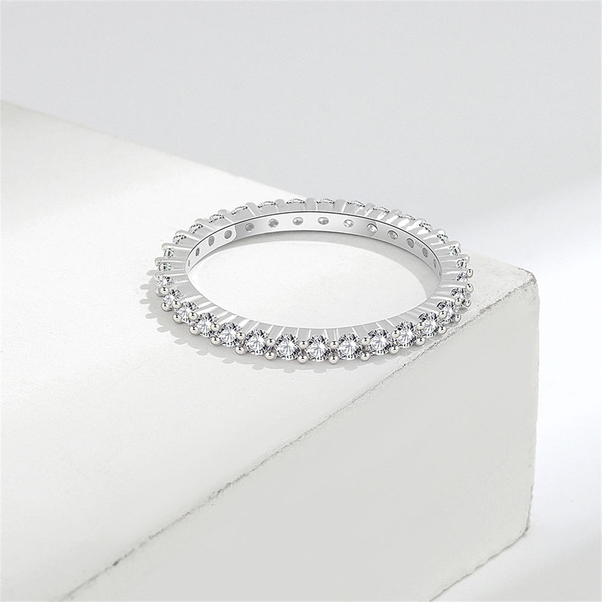 Cubic Zirconia & Silver-Plated Thin Band Ring