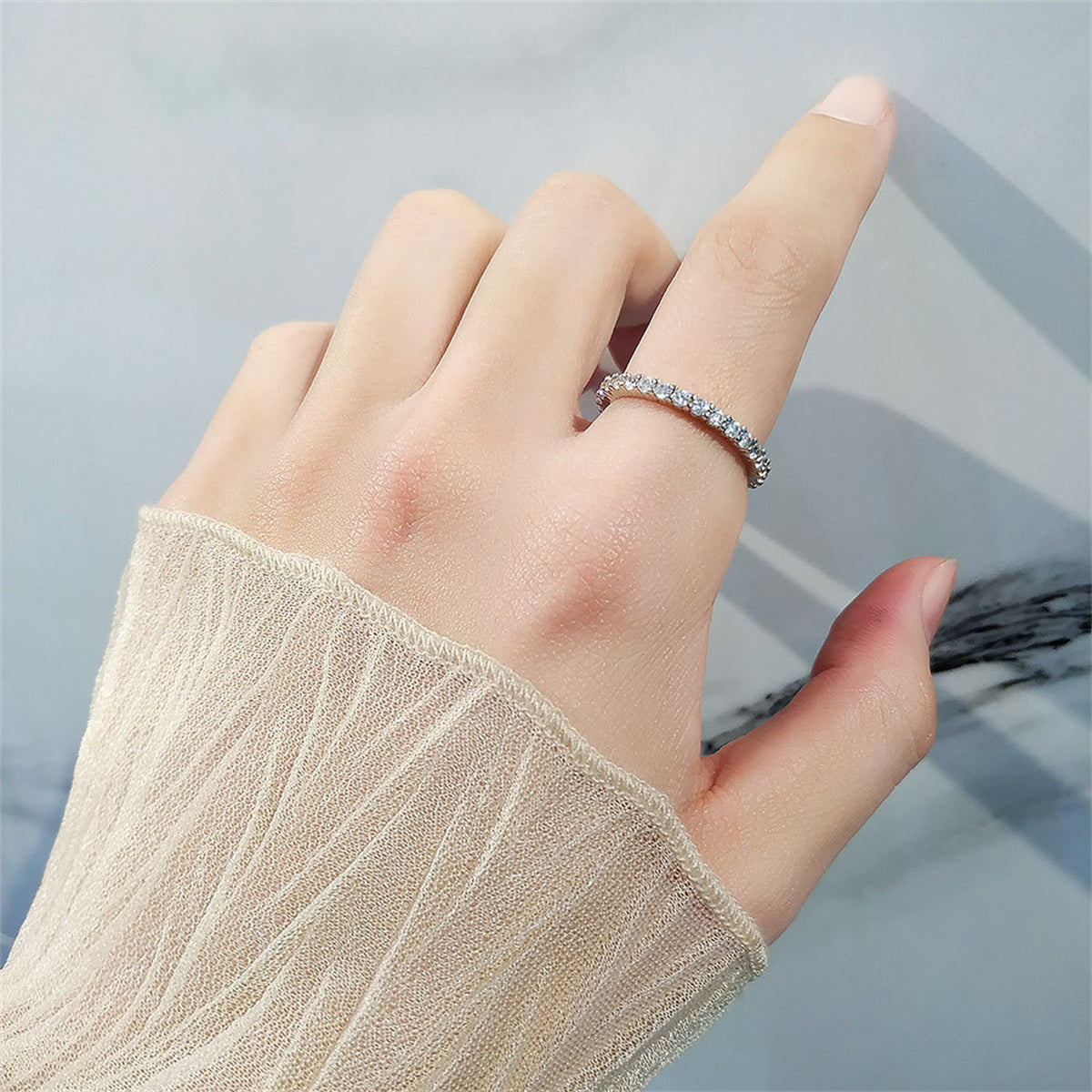 Cubic Zirconia & Silver-Plated Thin Band Ring