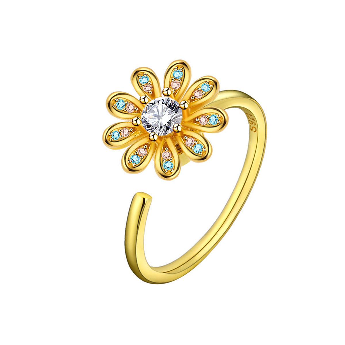 Crystal & Cubic Zirconia 18K Gold-Plated Rotating Flower Open Ring