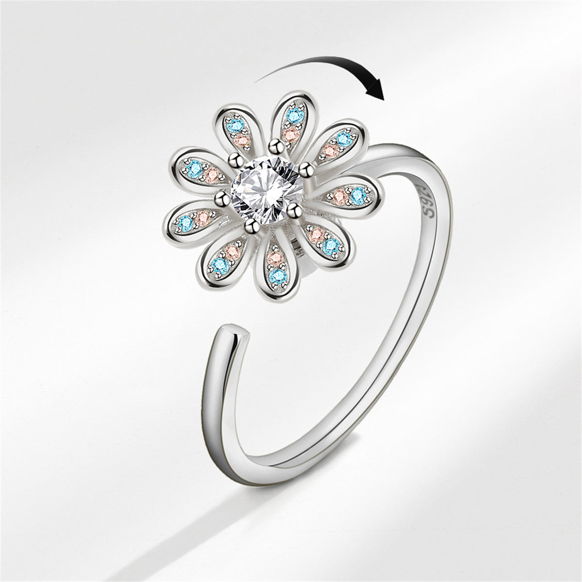 Crystal & Cubic Zirconia Silver-Plated Rotating Flower Open Ring