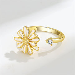 White Enamel & 18K Gold-Plated Cubic Zirconia-Accent Rotatable Mum Open Ring