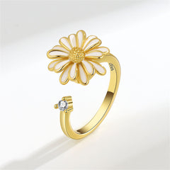 White Enamel & 18K Gold-Plated Cubic Zirconia-Accent Rotatable Mum Open Ring