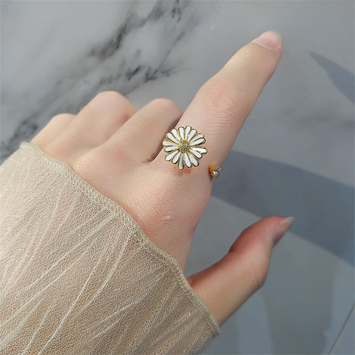 White Enamel & 18K Gold-Plated Cubic Zirconia-Accent Rotatable Mum Open Ring