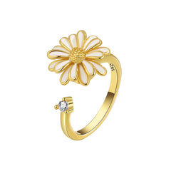 White Enamel & 18K Gold-Plated Cubic Zirconia-Accent Rotatable Mum Open Ring