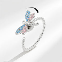 Blue & Pink Cubic Zirconia Silver-Plated Rotating Dragonfly Open Ring