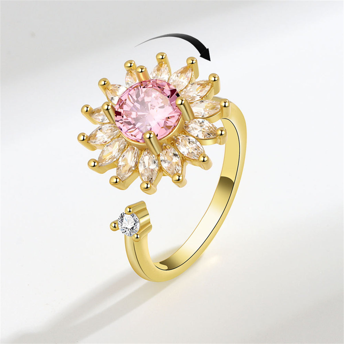 Pink Crystal & Cubic Zirconia 18K Gold-Plated Rotating Sunflower Open Ring