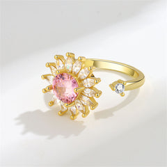 Pink Crystal & Cubic Zirconia 18K Gold-Plated Rotating Sunflower Open Ring