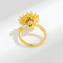 Pink Crystal & Cubic Zirconia 18K Gold-Plated Rotating Sunflower Open Ring