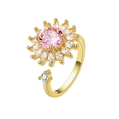 Pink Crystal & Cubic Zirconia 18K Gold-Plated Rotating Sunflower Open Ring