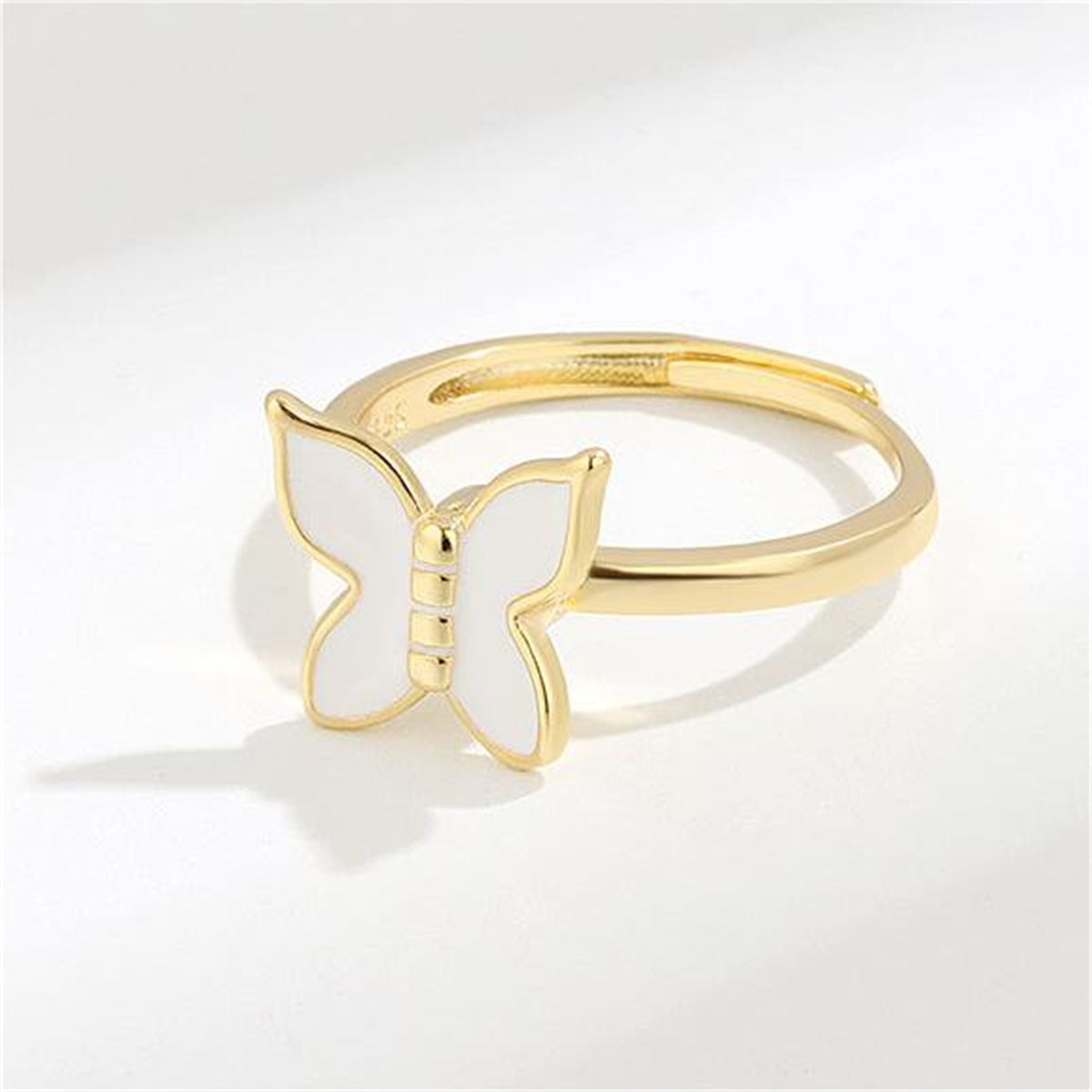 White Enamel & 18K Gold-Plated Rotating Butterfly Ring