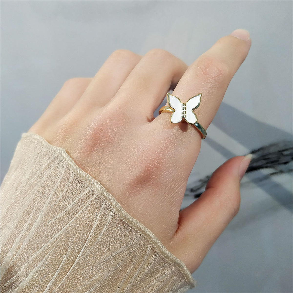 White Enamel & 18K Gold-Plated Rotating Butterfly Ring