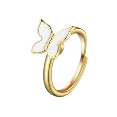 White Enamel & 18K Gold-Plated Rotating Butterfly Ring