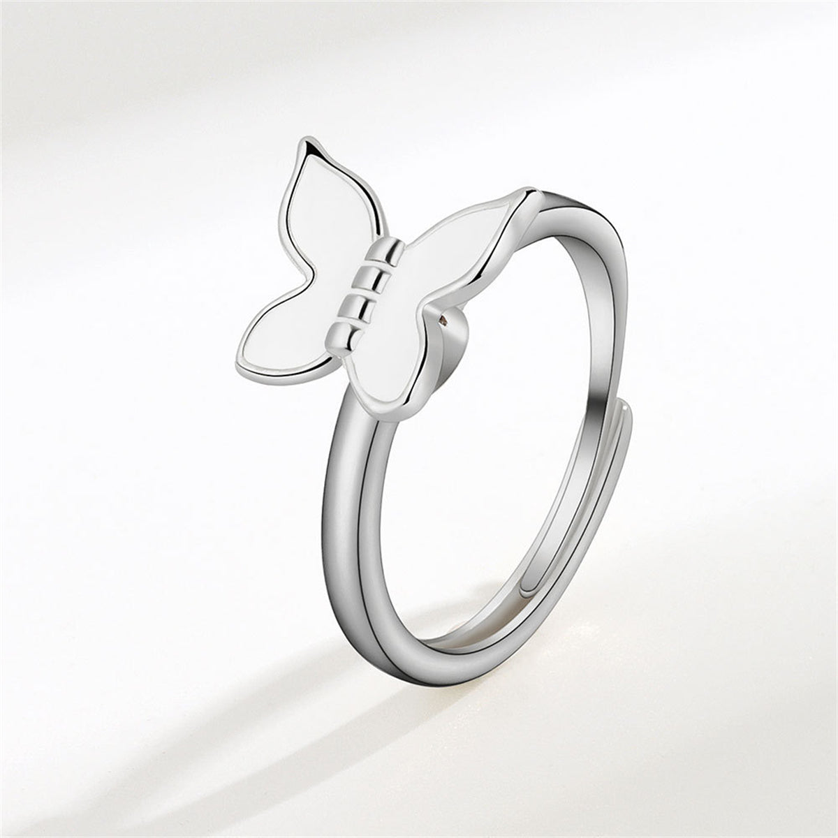 White Enamel & Silver-Plated Rotatable Butterfly Adjustable Ring