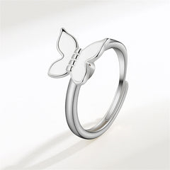 White Enamel & Silver-Plated Rotatable Butterfly Adjustable Ring