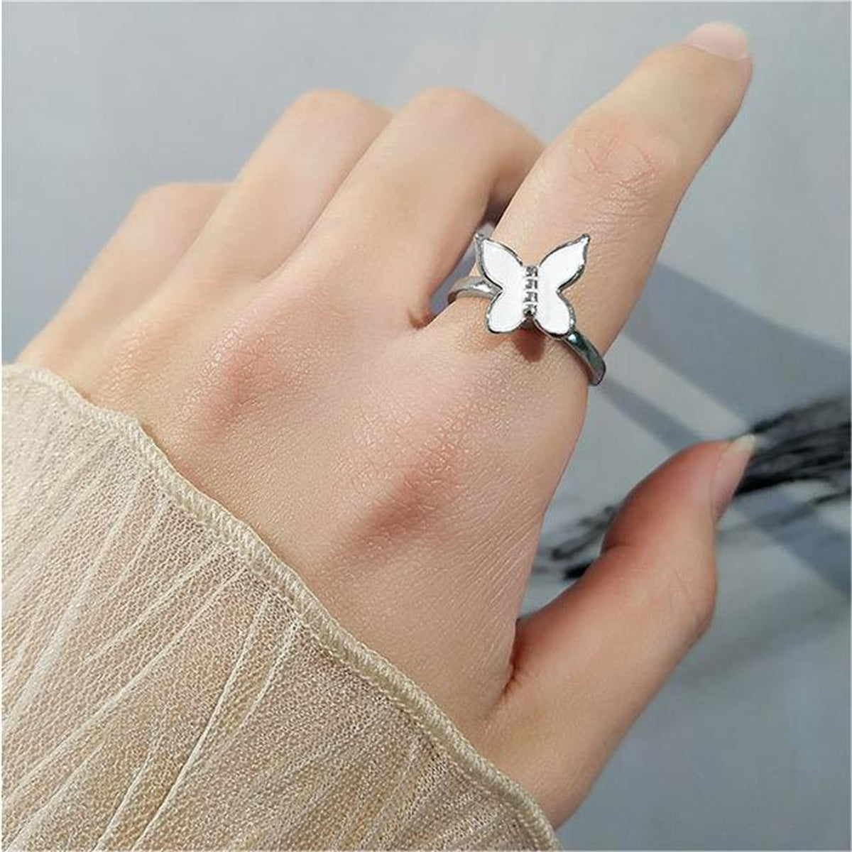 White Enamel & Silver-Plated Rotatable Butterfly Adjustable Ring