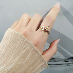 Pink Enamel & 18K Gold-Plated Rotating Butterfly Adjustable Ring