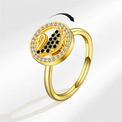 Black Cubic Zirconia & 18K Gold-Plated Rotating Swan Open Ring