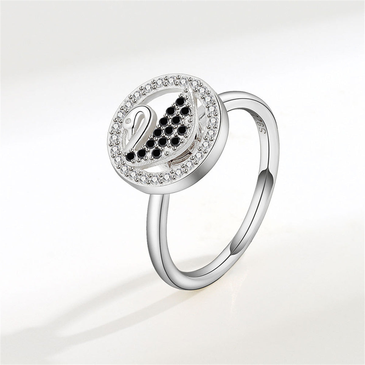 Black Cubic Zirconia & Silver-Plated Swan Rotating Adjustable Ring