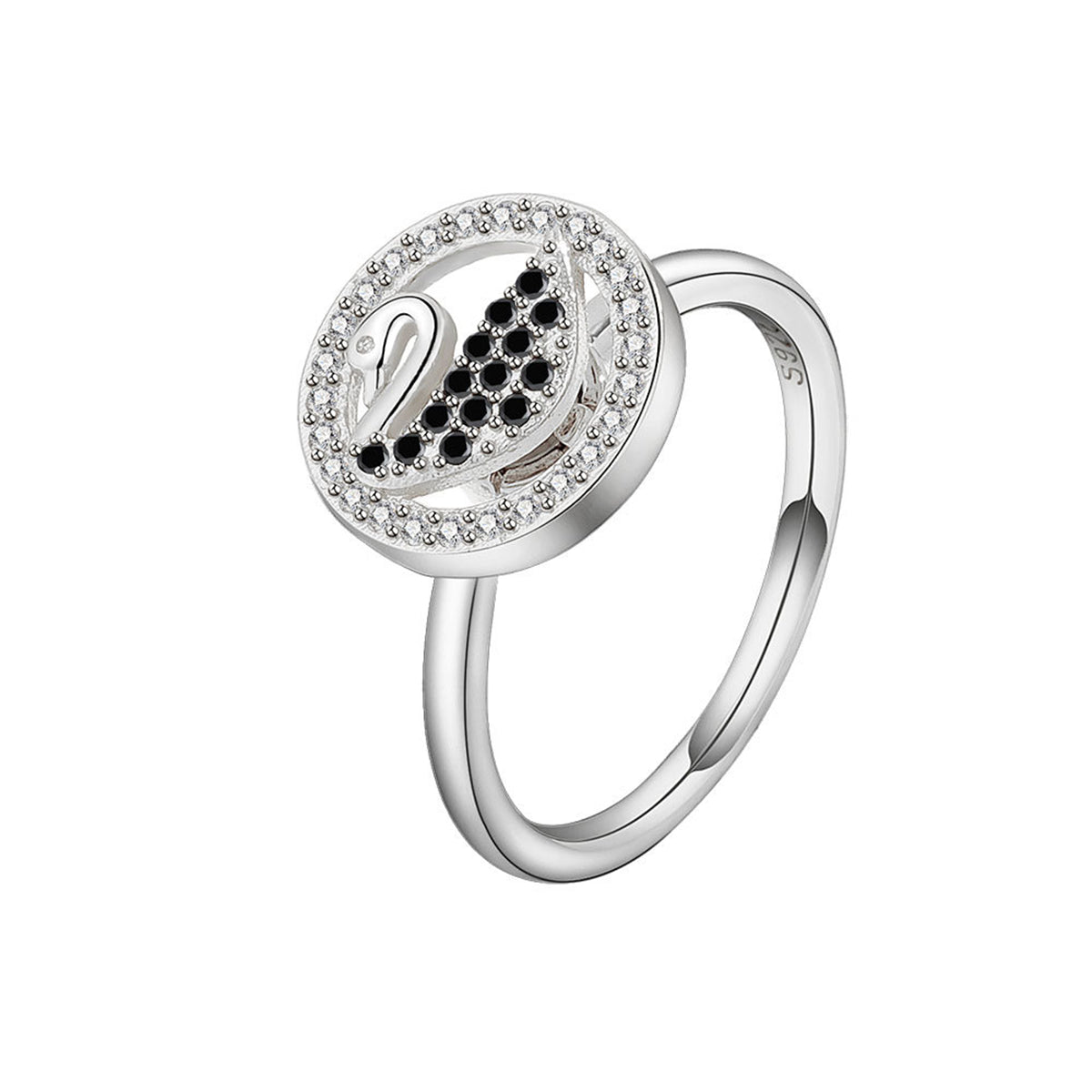 Black Cubic Zirconia & Silver-Plated Swan Rotating Adjustable Ring