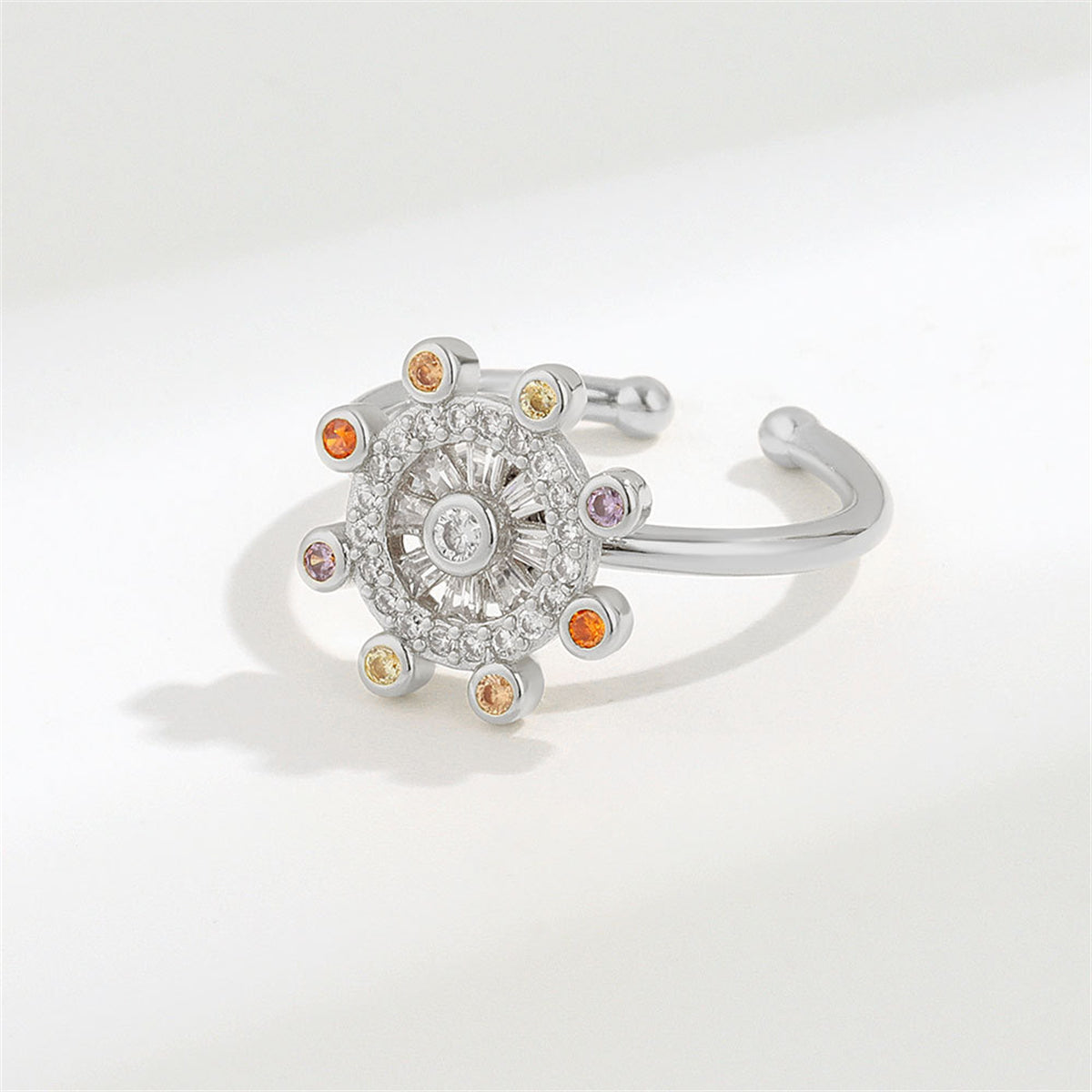 Multicolor Cubic Zirconia & Silver-Plated Rotating Rudder Open Ring