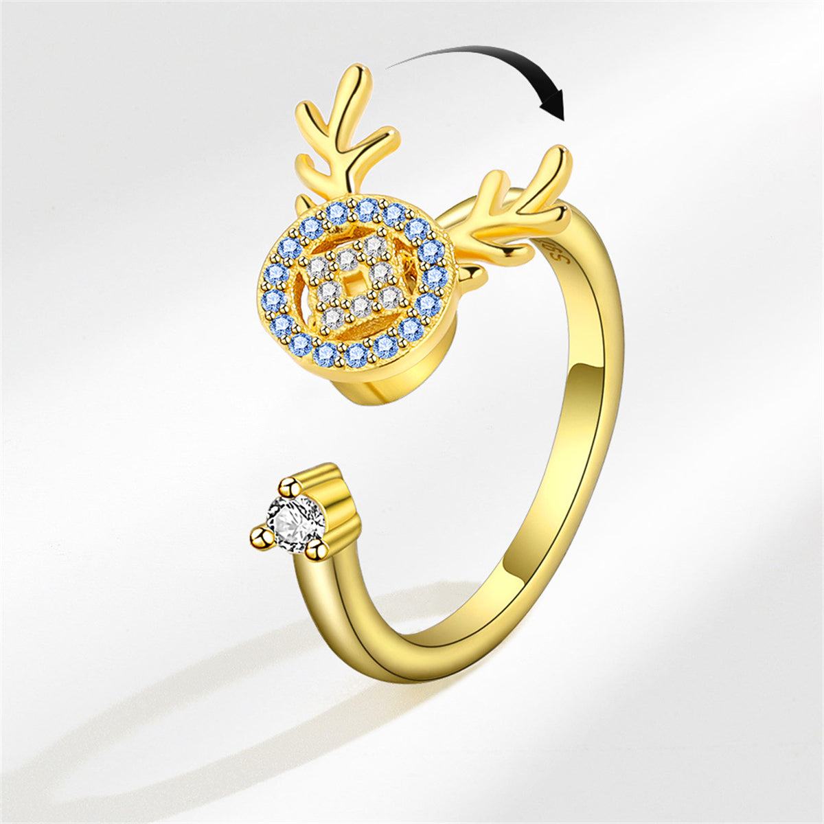 Blue Cubic Zirconia & 18K Gold-Plated Antler Rotating Open Ring