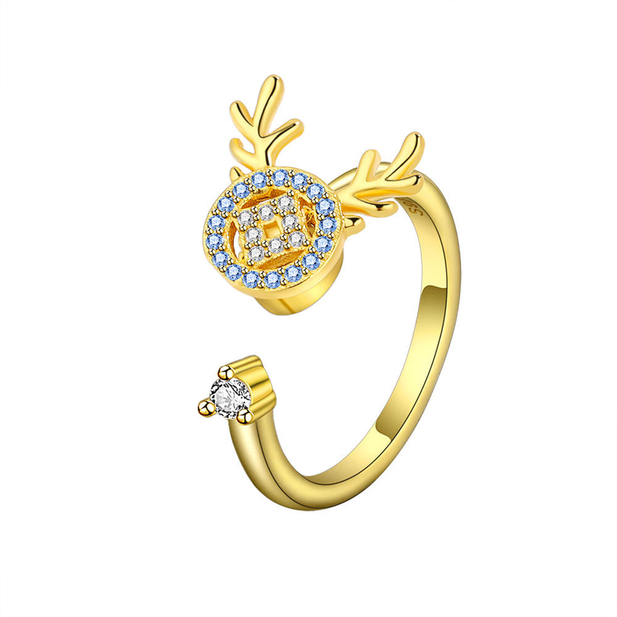 Blue Cubic Zirconia & 18K Gold-Plated Antler Rotating Open Ring