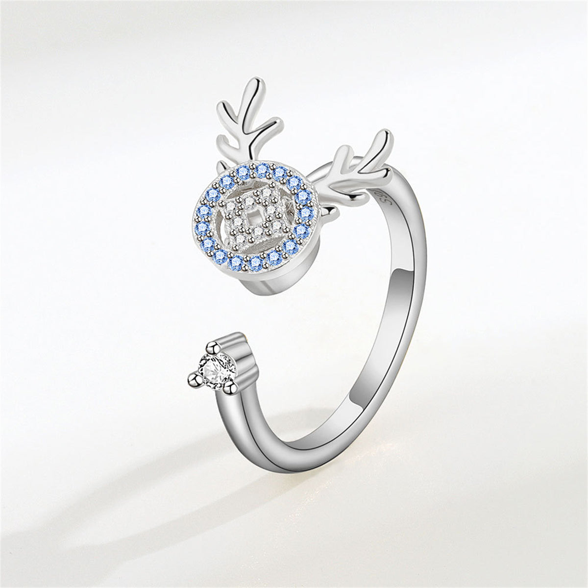 Blue Cubic Zirconia & Silver-Plated Antler Rotating Open Ring