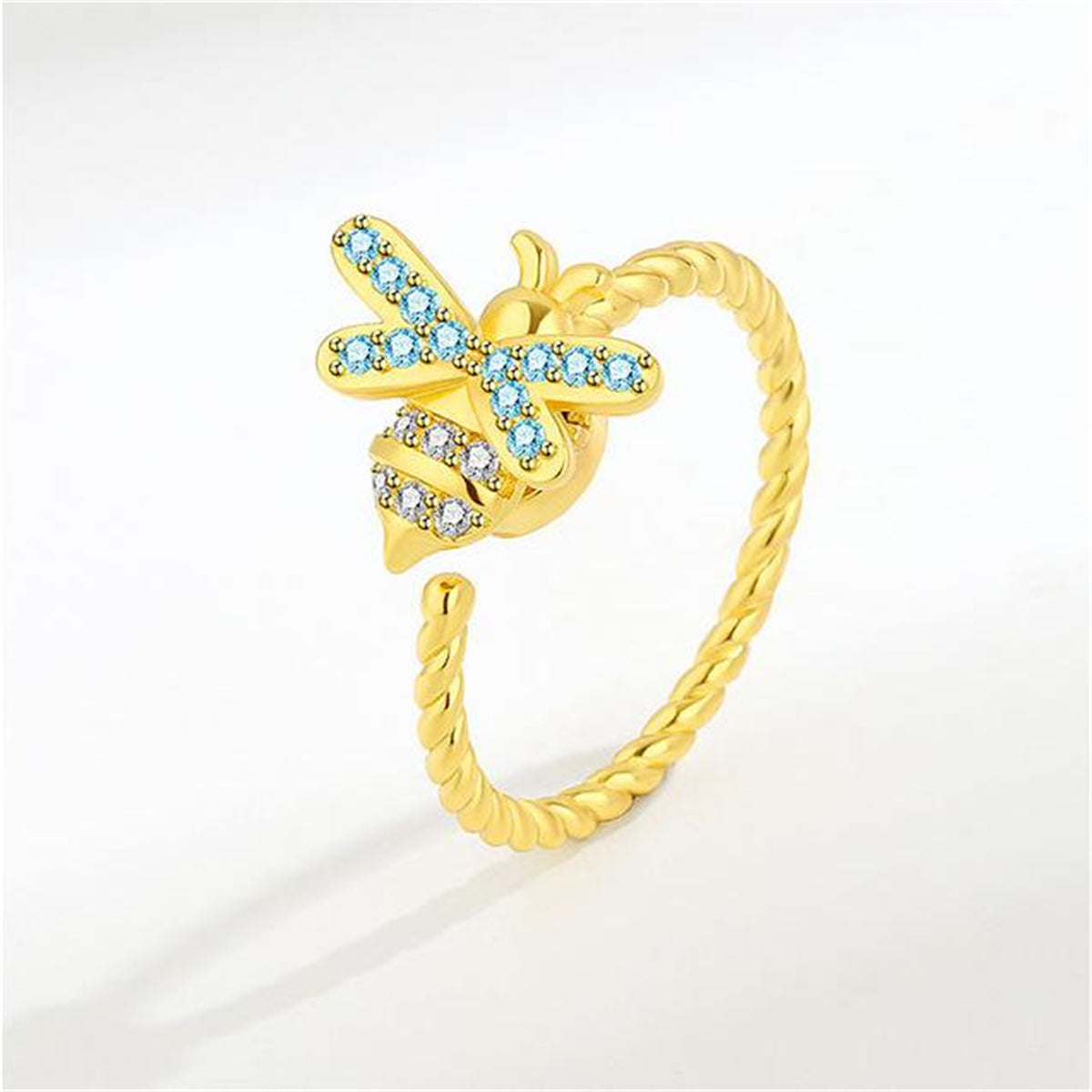 Cubic Zirconia & 18K Gold-Plated Rotating Bee Open Ring