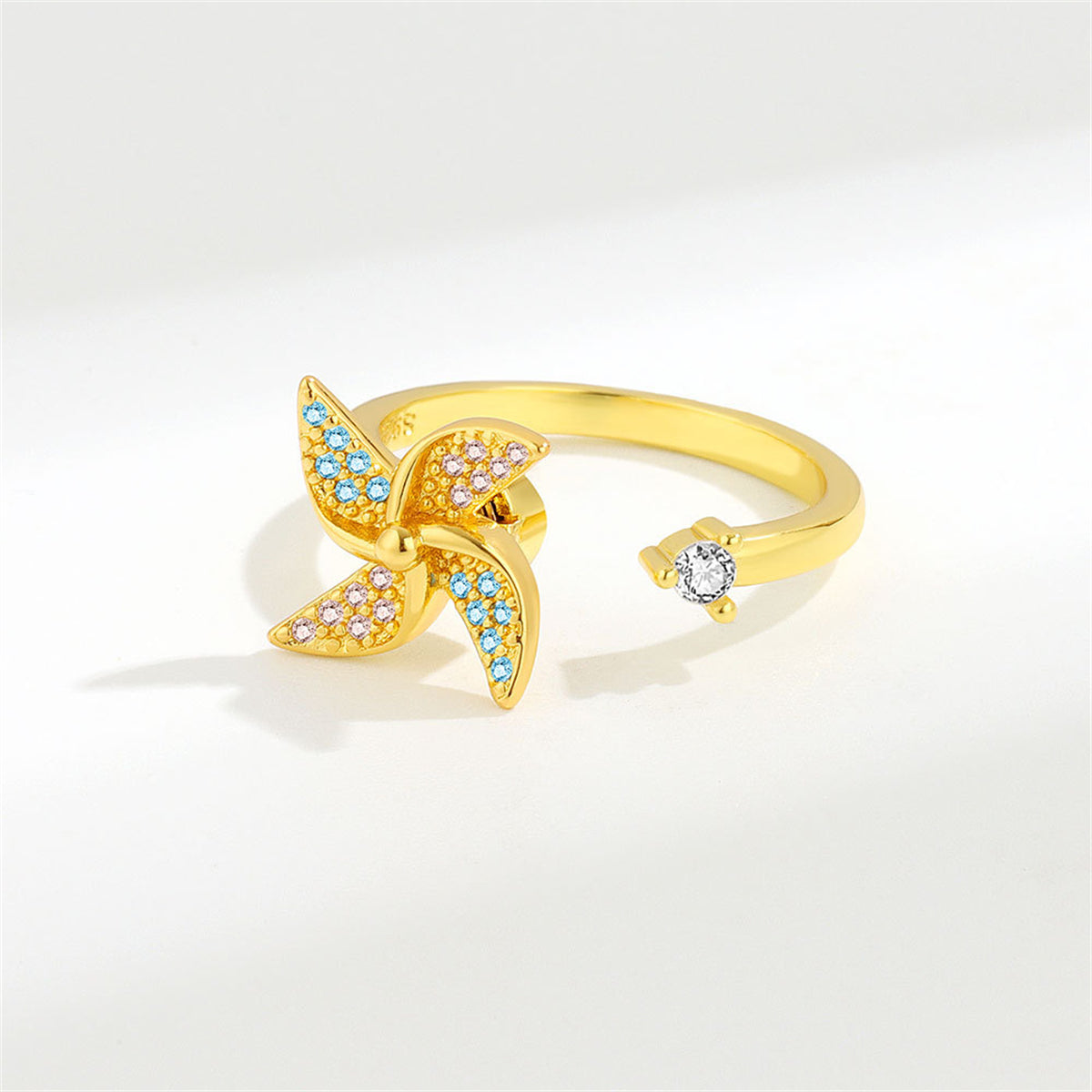 Cubic Zirconia & 18K Gold-Plated Rotating Windmill Open Ring