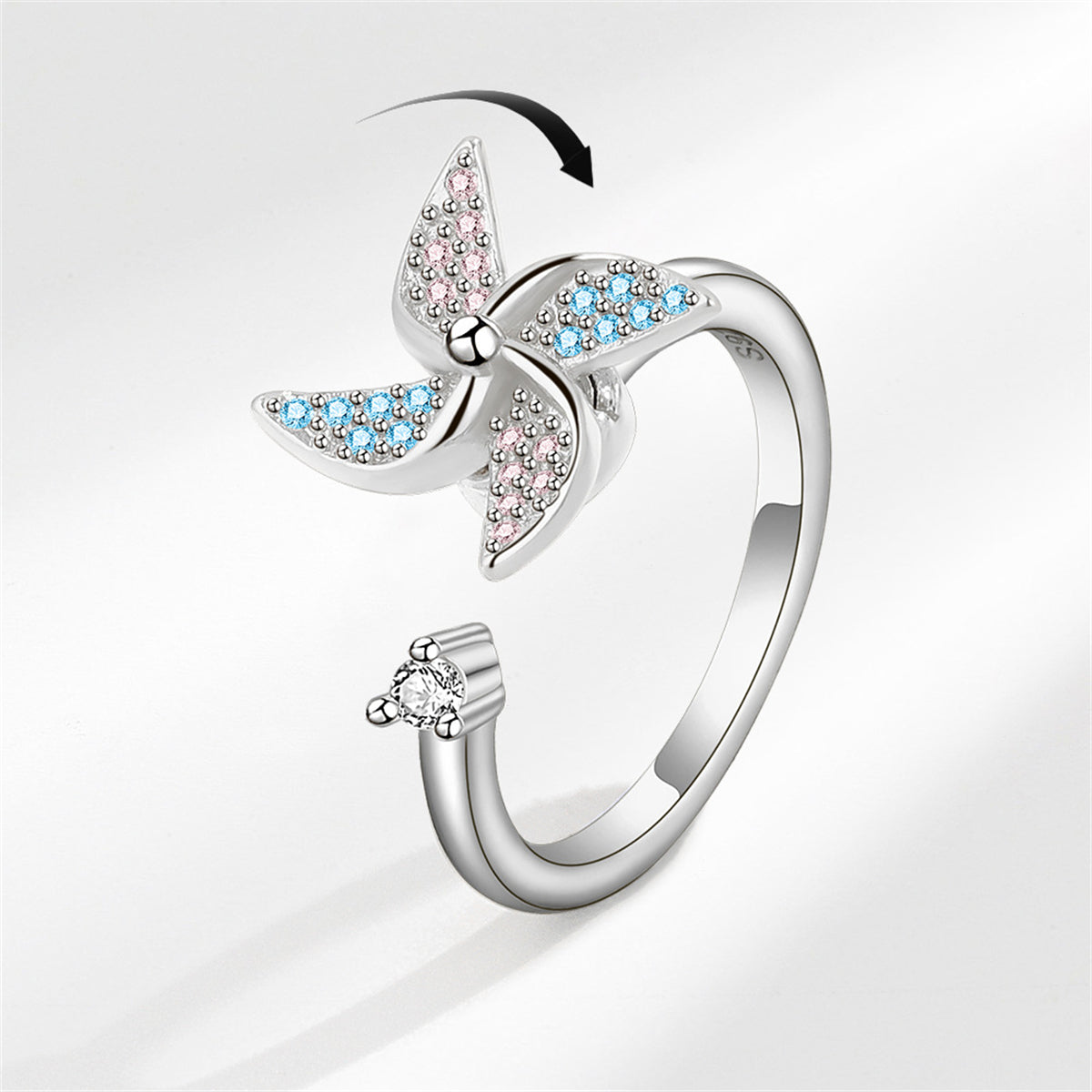 Cubic Zirconia & Silver-Plated Rotating Windmill Open Ring