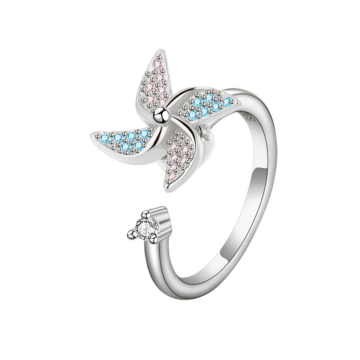 Cubic Zirconia & Silver-Plated Rotating Windmill Open Ring