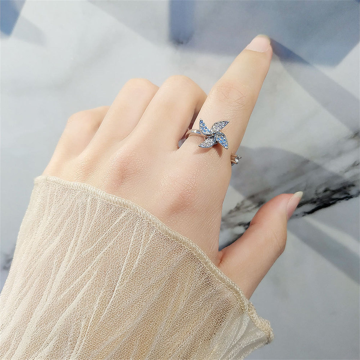 Cubic Zirconia & Silver-Plated Rotating Windmill Open Ring