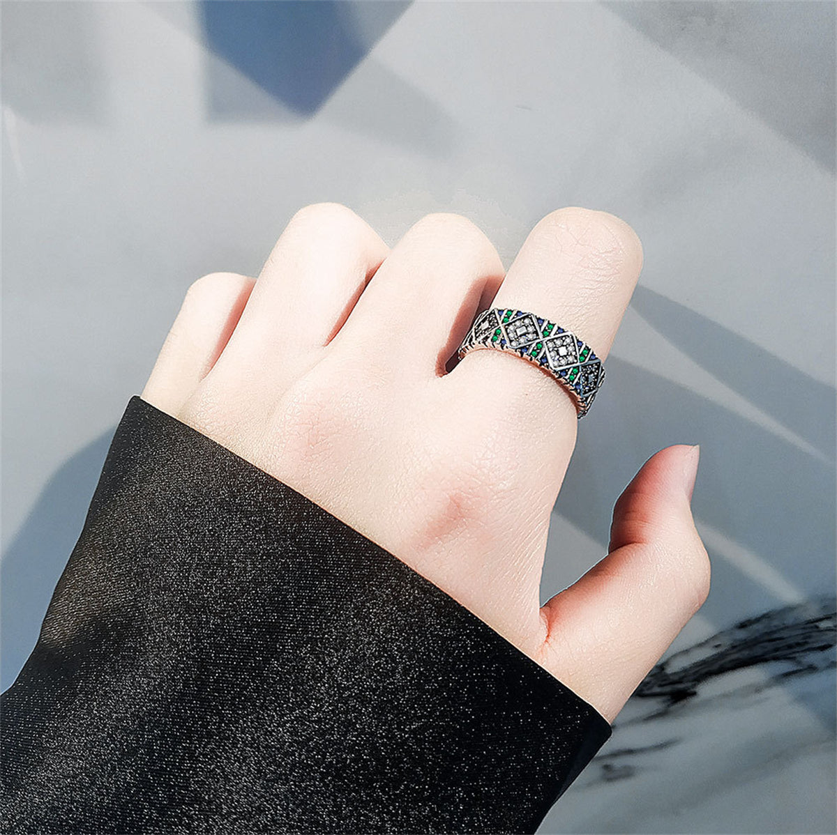 Multicolor Cubic Zirconia & Silver-Plated Geometric Ring