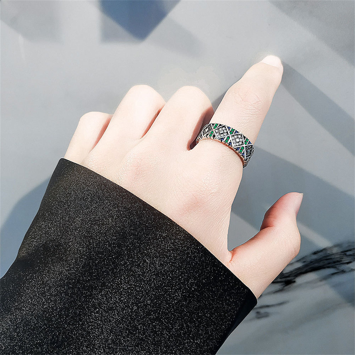 Multicolor Cubic Zirconia & Silver-Plated Geometric Ring