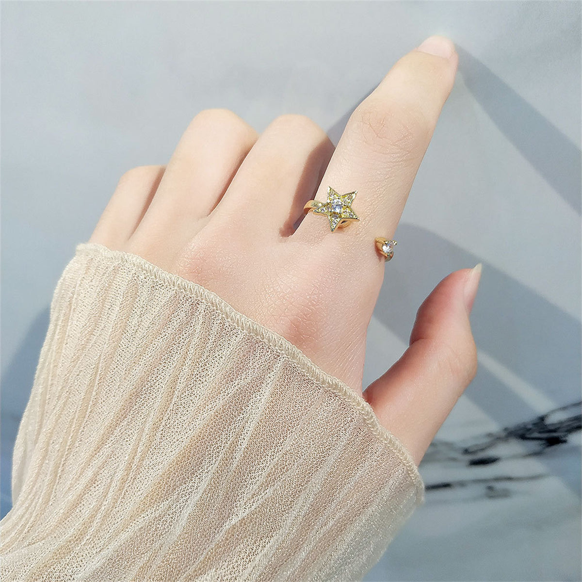 Cubic Zirconia & 18K Gold-Plated Rotating Star Open Ring