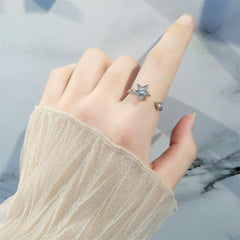 Cubic Zirconia & Silver-Plated Rotating Star Open Ring