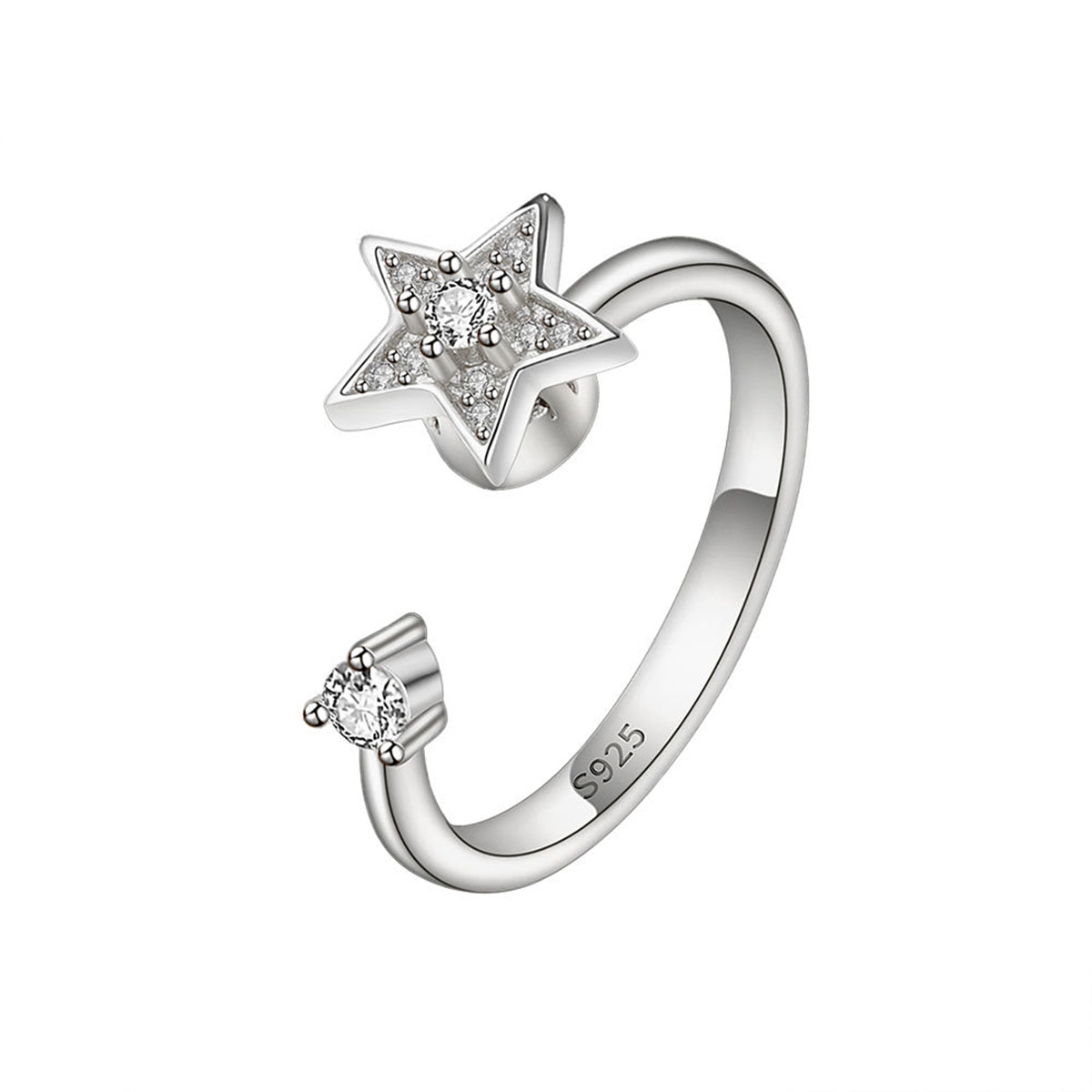 Cubic Zirconia & Silver-Plated Rotating Star Open Ring