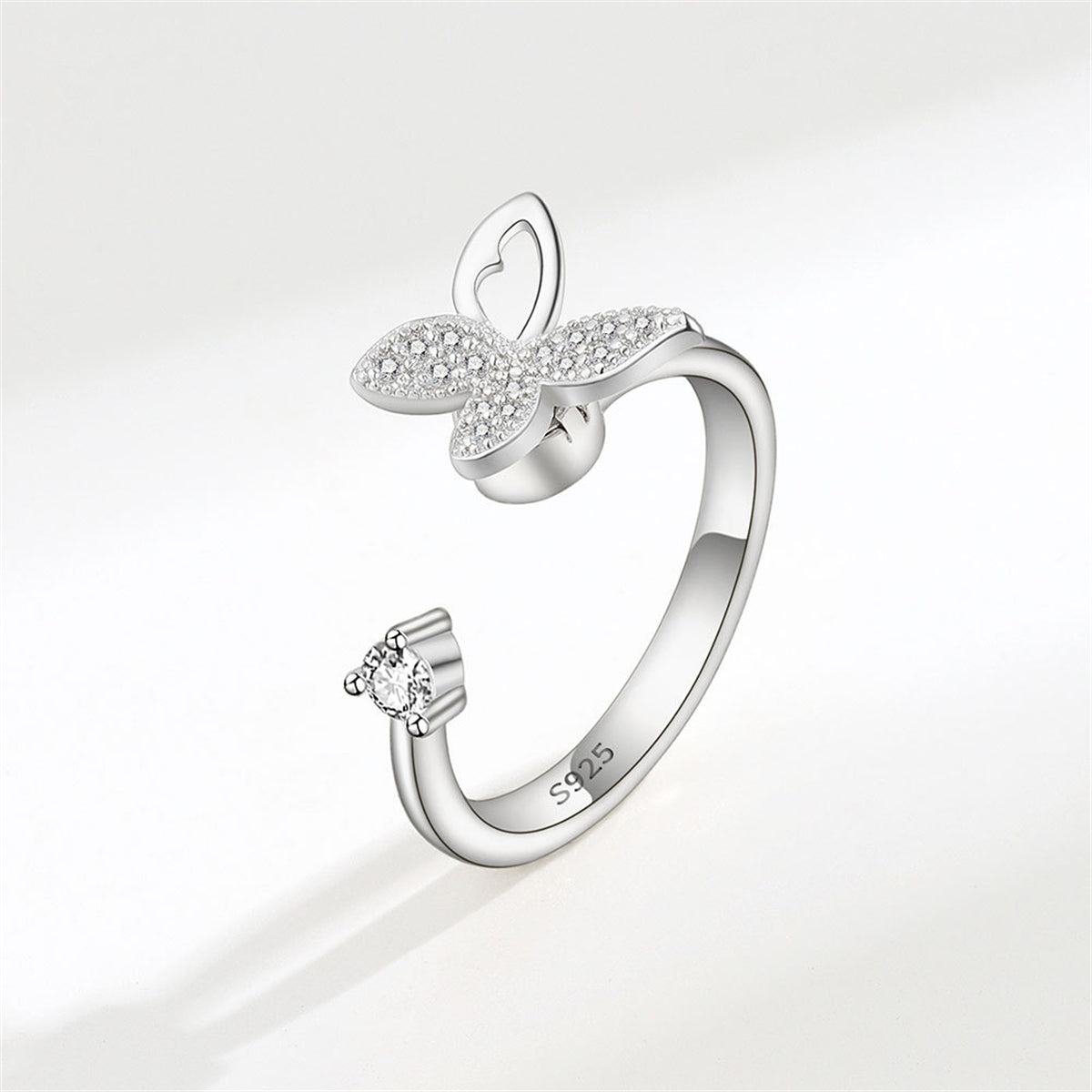 Cubic Zirconia & Silver-Plated Rotating Butterfly Open Ring