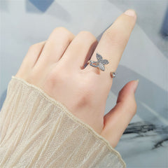 Cubic Zirconia & Silver-Plated Rotating Butterfly Open Ring