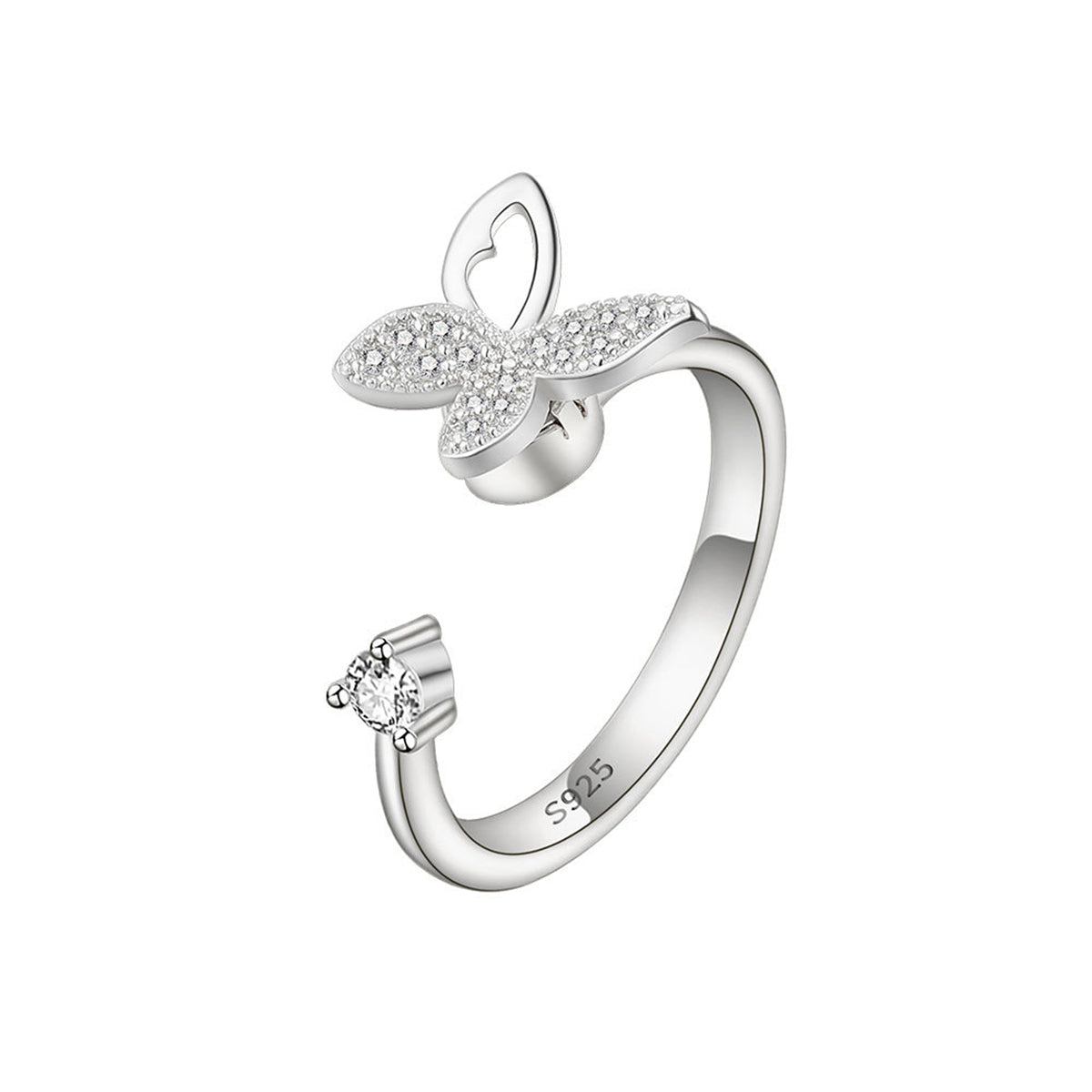 Cubic Zirconia & Silver-Plated Rotating Butterfly Open Ring