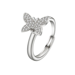 Cubic Zirconia & Silver-Plated Butterfly Rotating Adjustable Ring