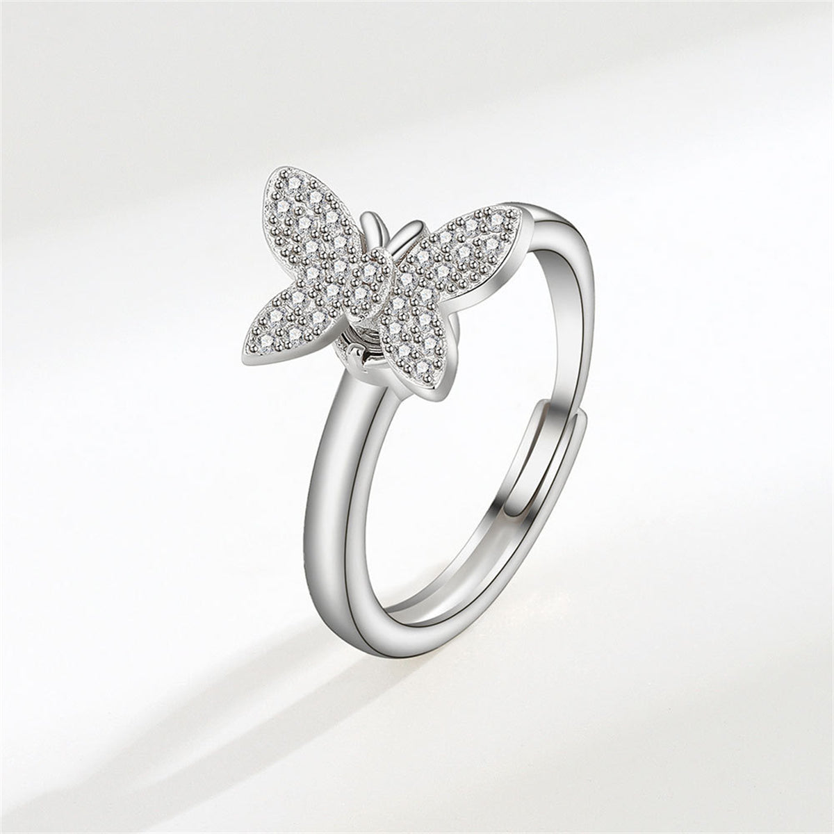 Cubic Zirconia & Silver-Plated Butterfly Rotating Adjustable Ring