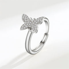 Cubic Zirconia & Silver-Plated Butterfly Rotating Adjustable Ring