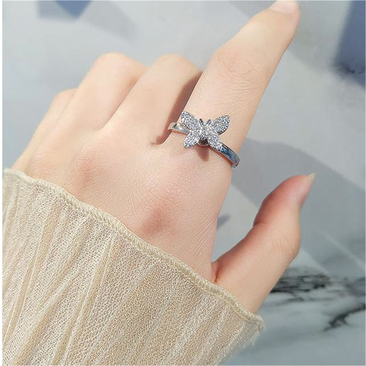 Cubic Zirconia & Silver-Plated Butterfly Rotating Adjustable Ring