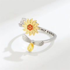 Yellow Crystal & Red Cubic Zirconia Rotatable Sunflower Bee Bypass Ring