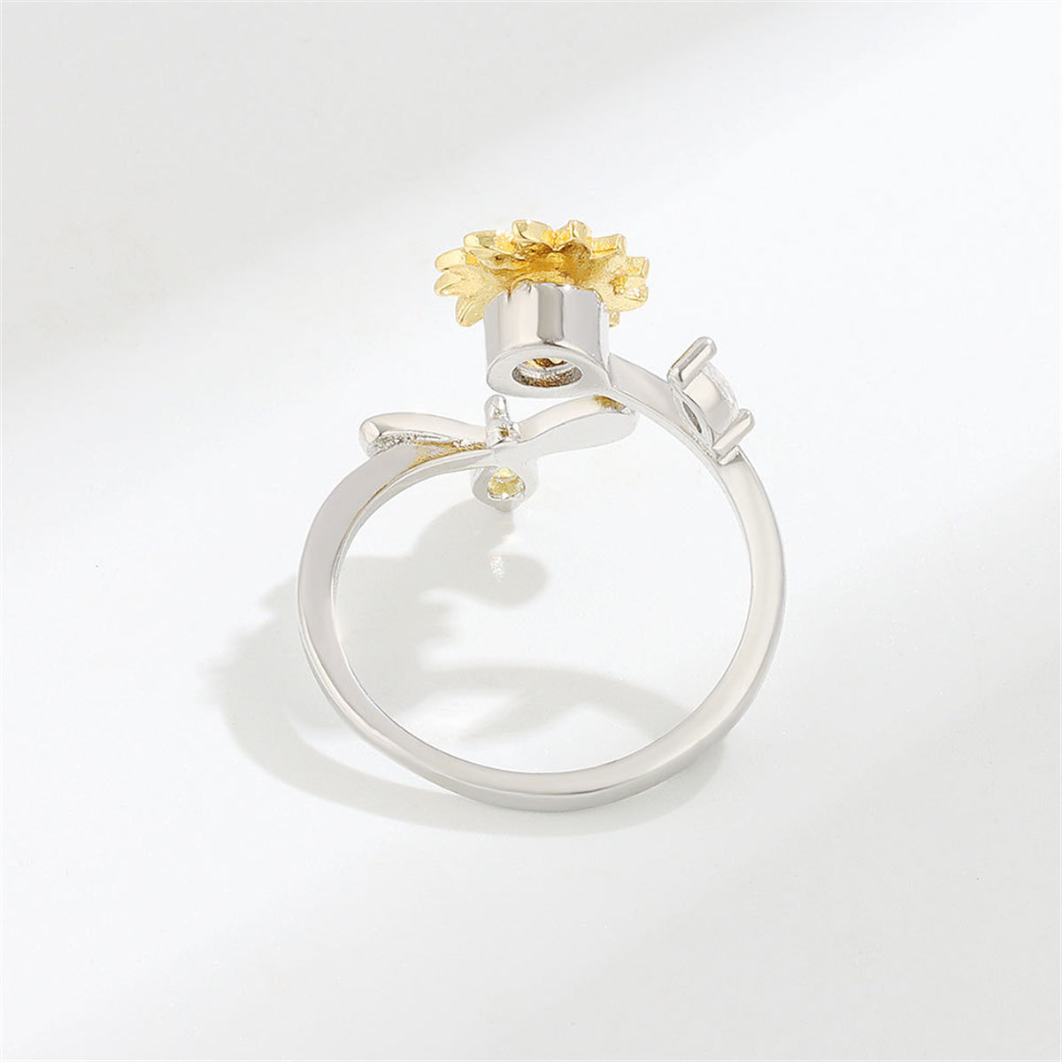 Yellow Crystal & Red Cubic Zirconia Rotatable Sunflower Bee Bypass Ring