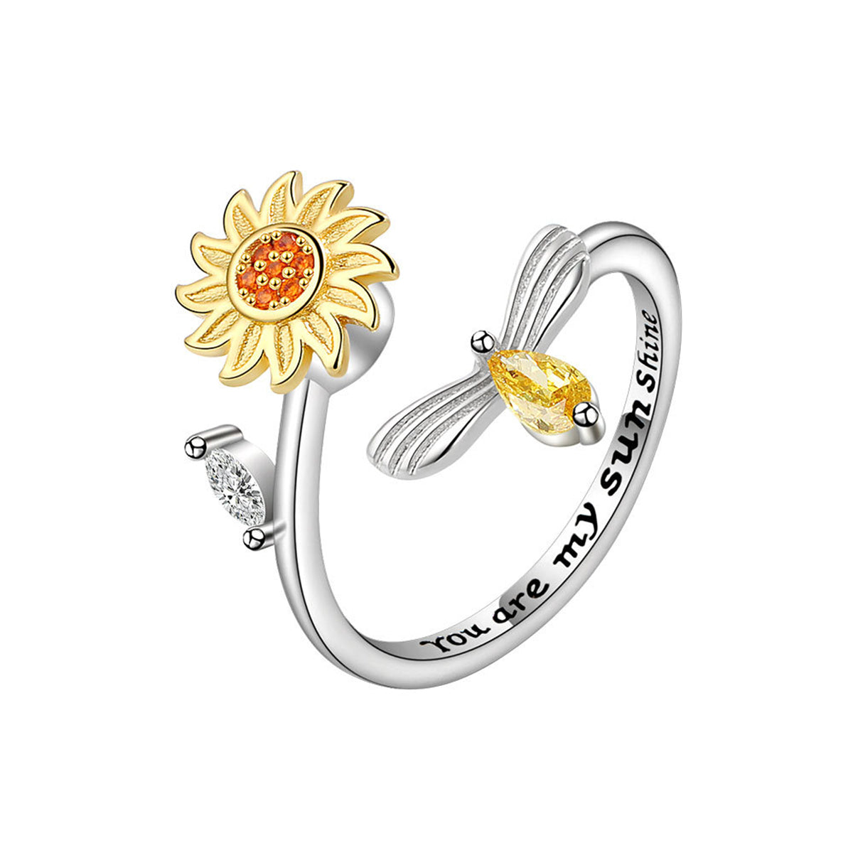 Yellow Crystal & Red Cubic Zirconia Rotatable Sunflower Bee Bypass Ring