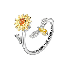 Yellow Crystal & Red Cubic Zirconia Rotatable Sunflower Bee Bypass Ring